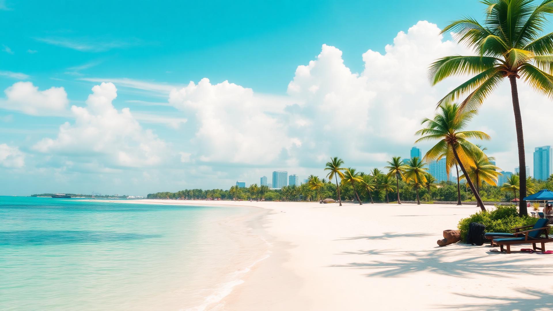 Singapore tropical coastline with calm sea and palms